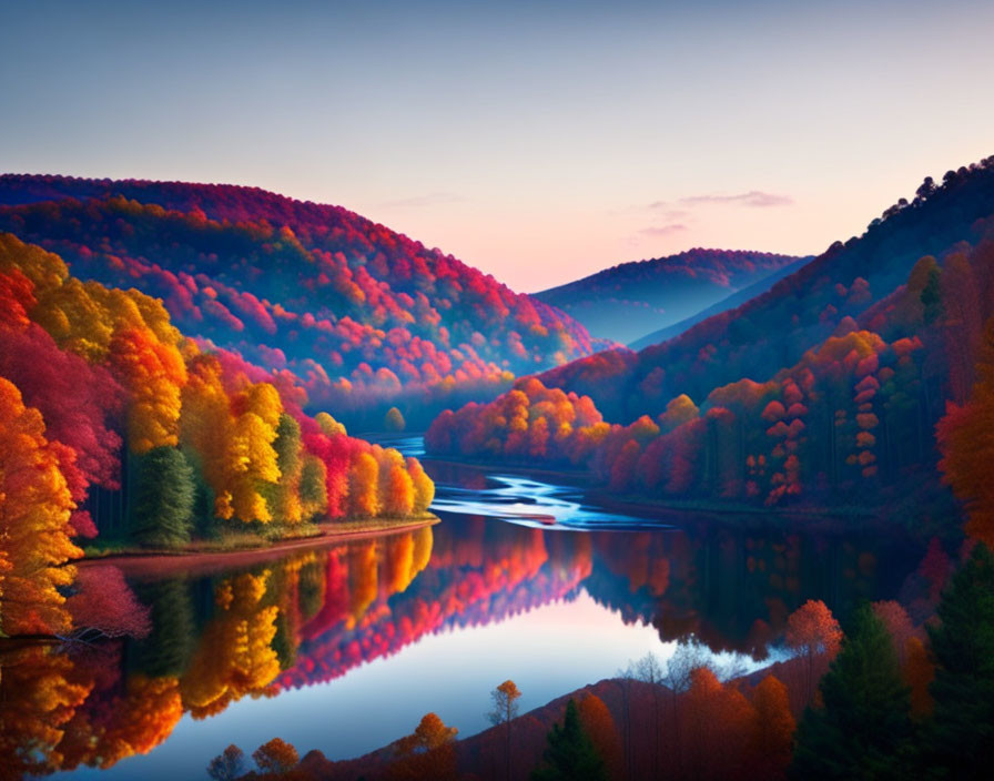 Serpentine river reflects vibrant autumn colors at sunset