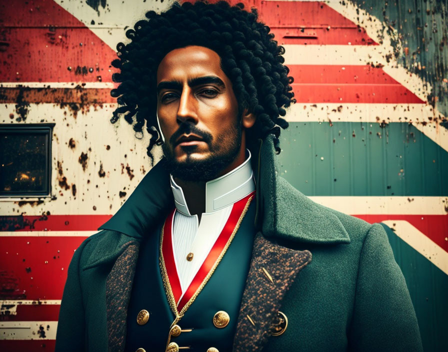 Stylized portrait of a man with afro in vintage military jacket against rustic Union Jack flag