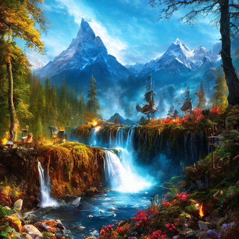 Scenic landscape with waterfalls, river, autumn trees, and mountains