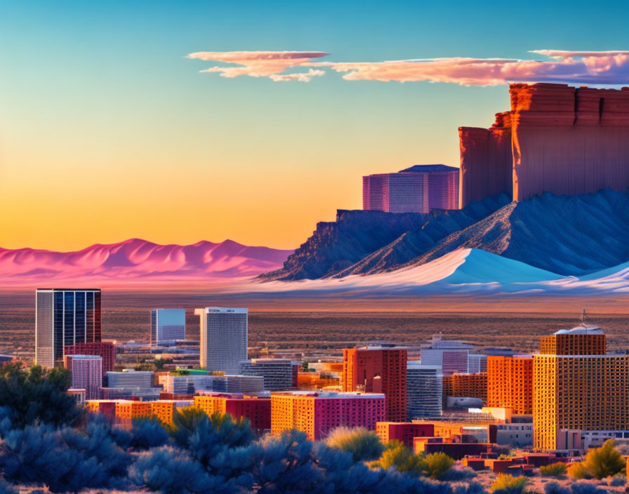 Modern cityscape with red cliffs and sand dunes under golden sunset.