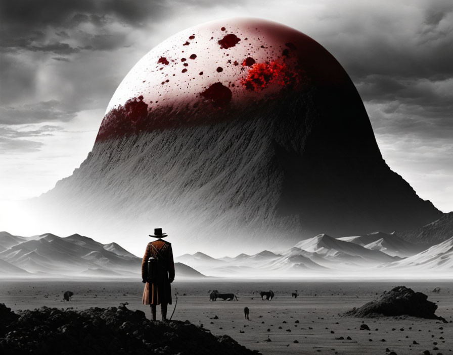 Person in desert landscape gazes at blood-red moon rising behind mountain with grazing animals.