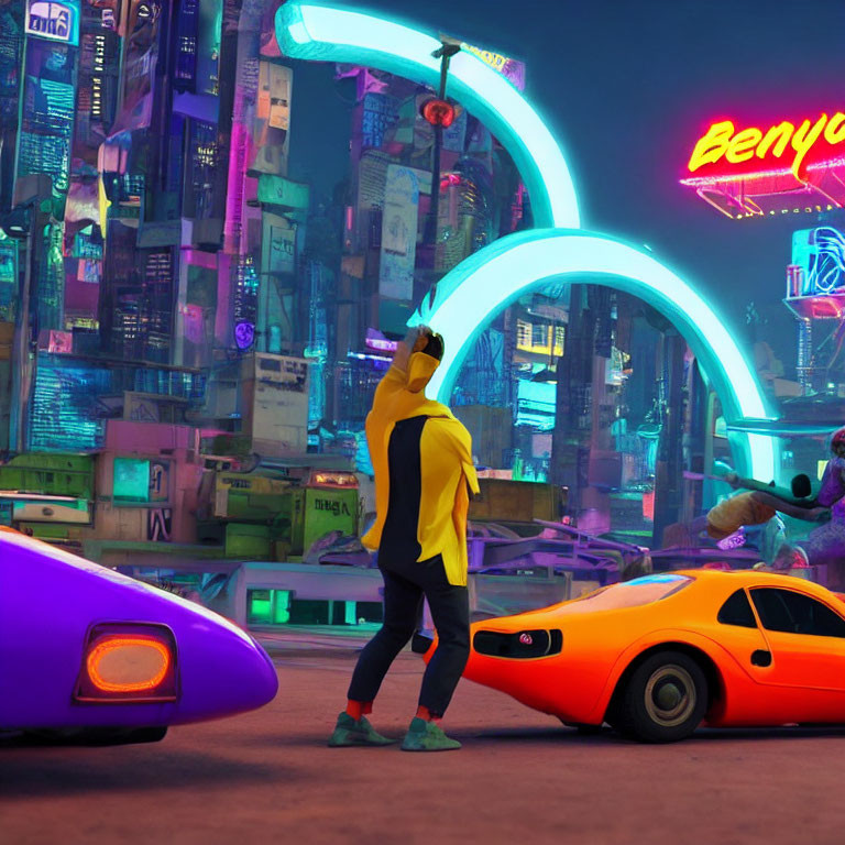 Person in Yellow Hoodie Observing Futuristic City at Night