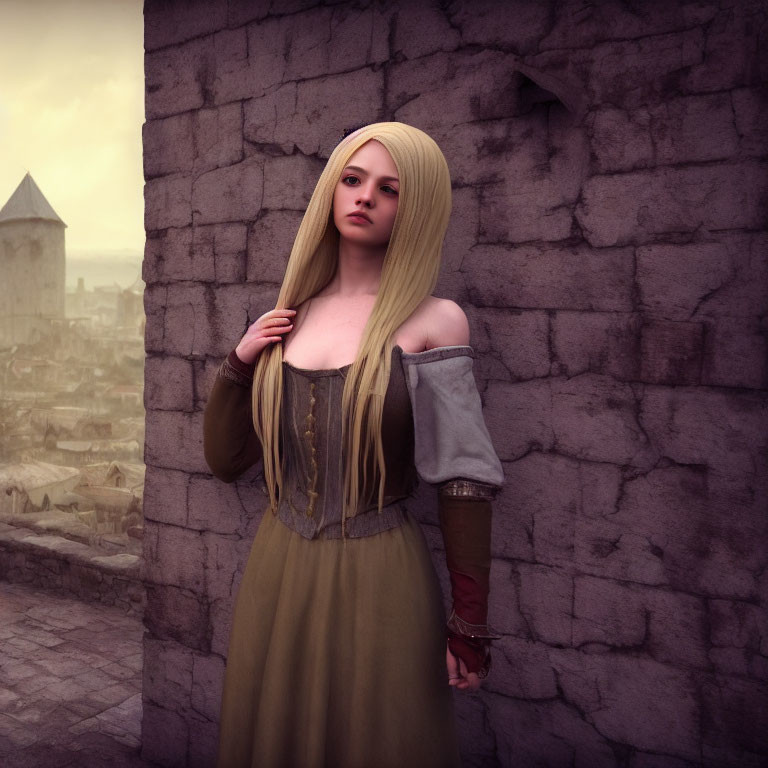 Blonde Woman in Medieval Attire by Stone Wall