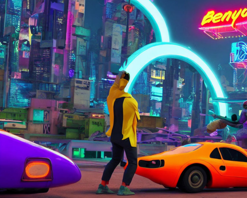 Person in Yellow Hoodie Observing Futuristic City at Night