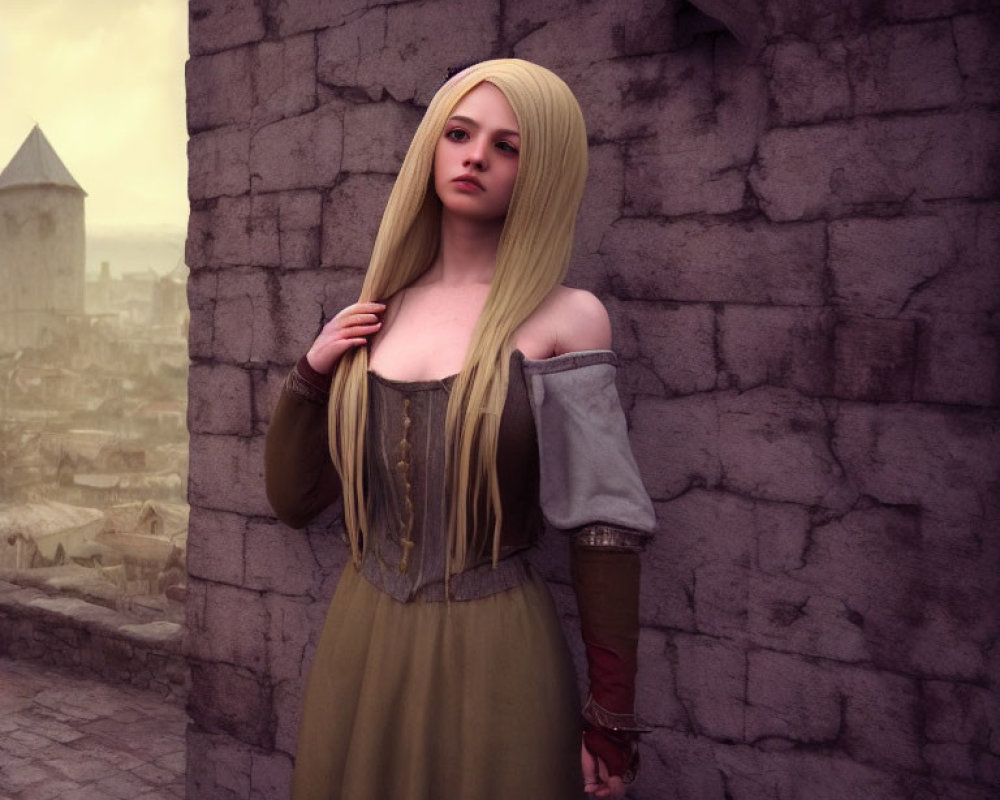 Blonde Woman in Medieval Attire by Stone Wall