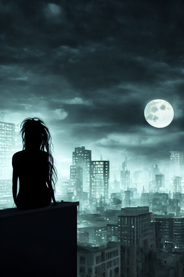 Silhouette of person with long hair on high building under full moon