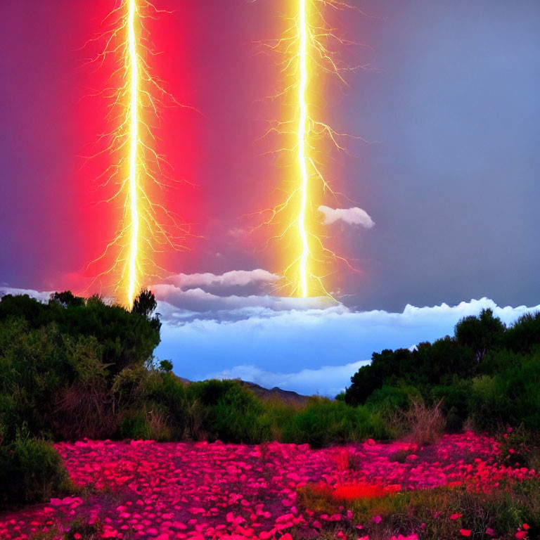 Intense red lightning strikes in vibrant landscape.