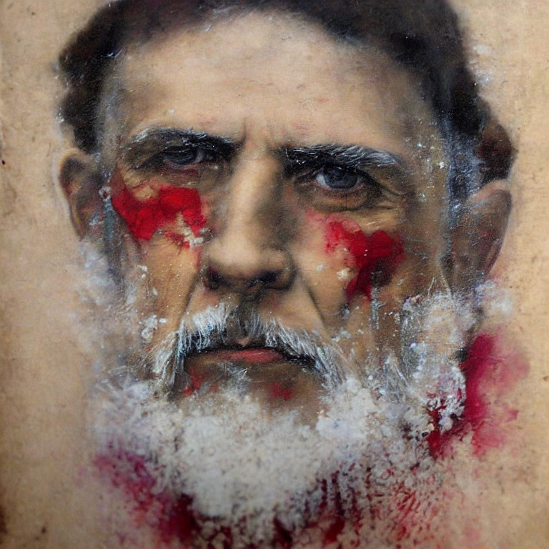 Bearded man portrait with red and white abstract paint smudges