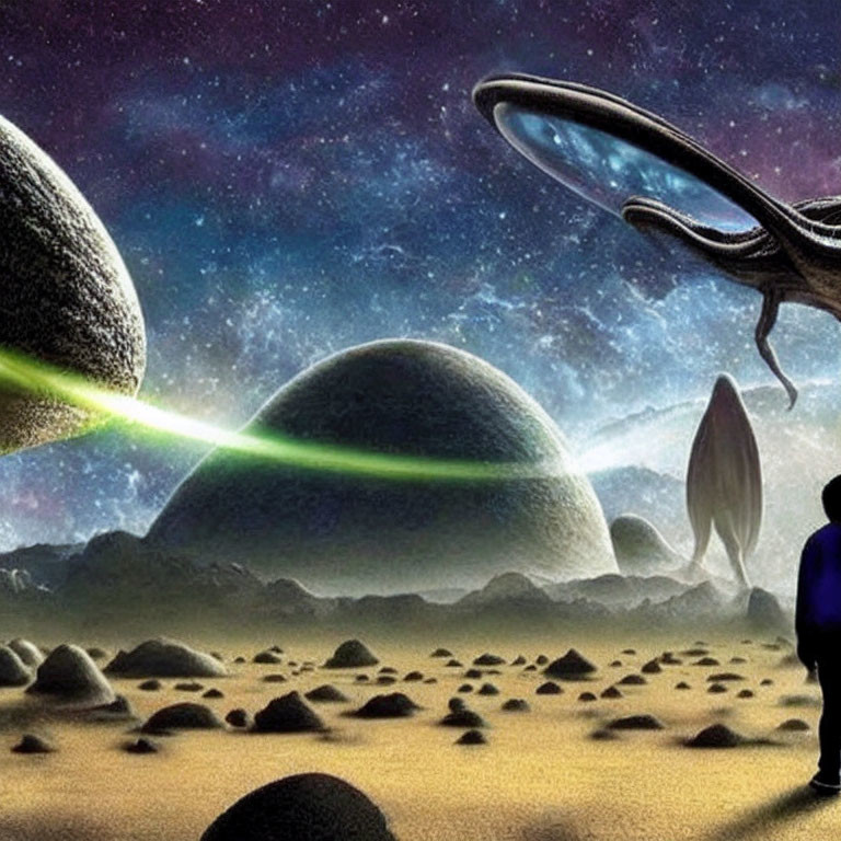 Person observing spaceship on alien terrain with bright light beam in star-filled cosmos