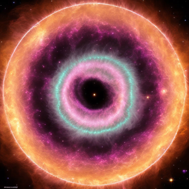 Colorful Ring-Like Nebula in Purple, Teal, and Orange against Starry Background