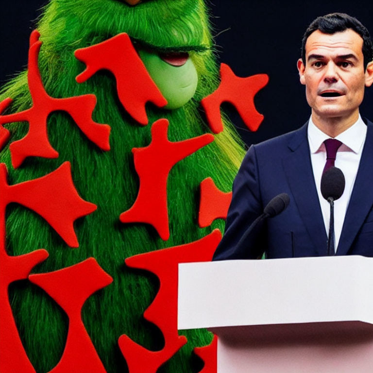 Man in suit at podium with green furry creature with red star patterns