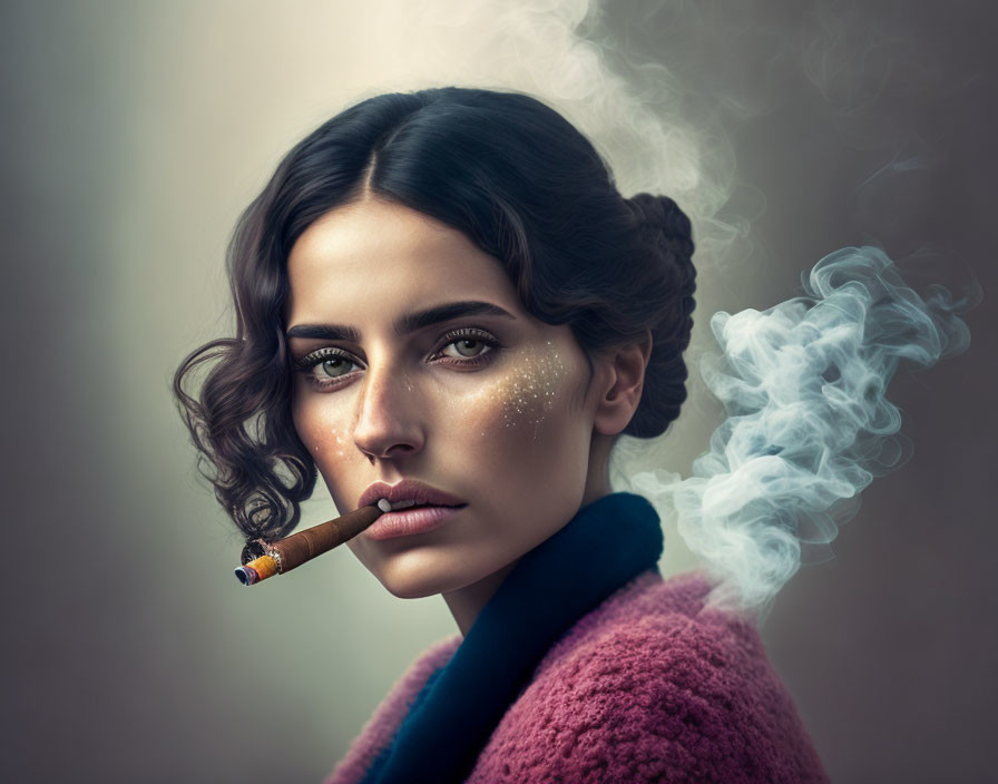 Dark-haired woman with glitter makeup smoking a cigar