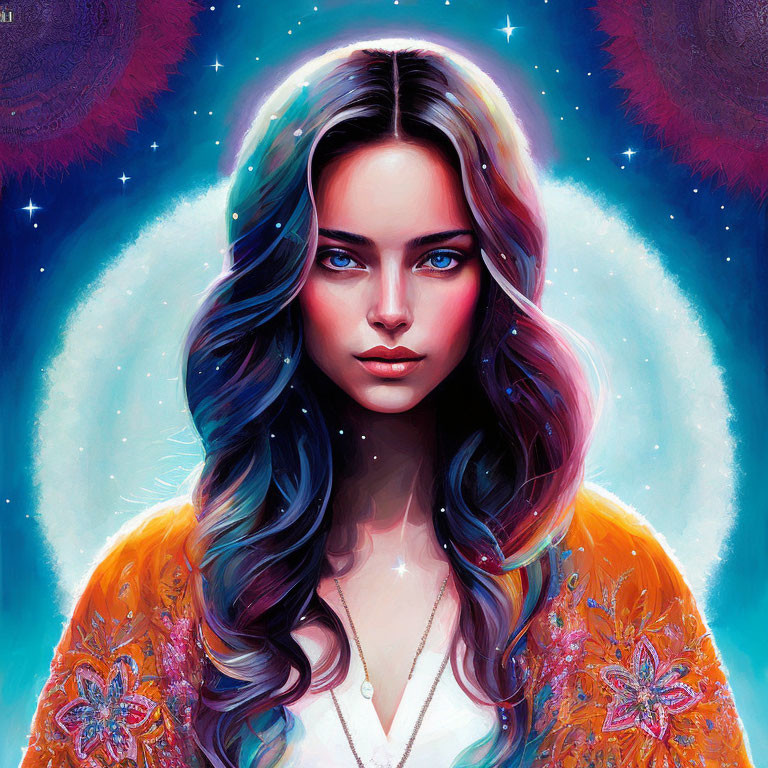 Colorful digital portrait of a woman with blue ombre hair and intense eyes in cosmic floral setting