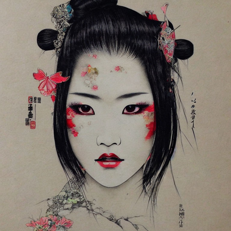 Traditional Japanese Geisha Hairstyle and Makeup with Floral Accents in Red and Pink Tones