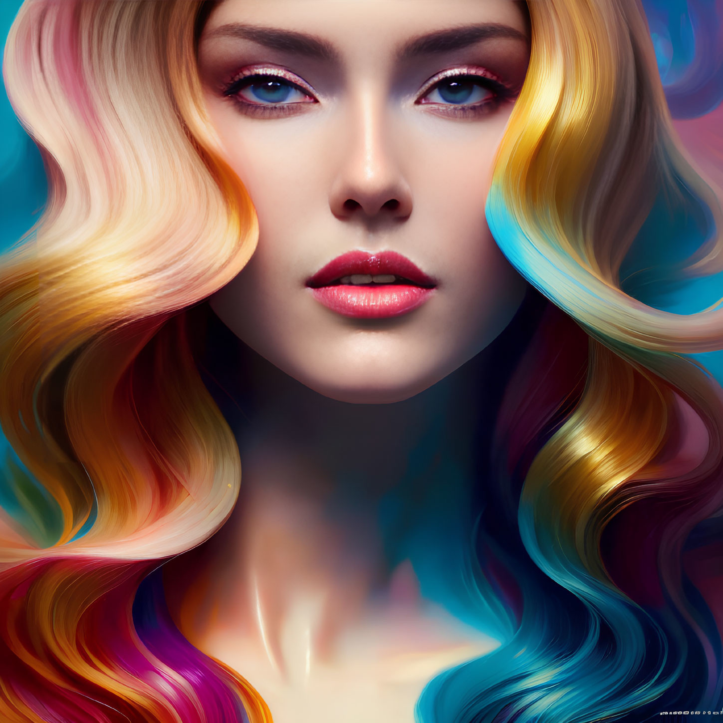 Vibrant digital portrait: woman with multicolored hair, blue eyes, red lips, blue