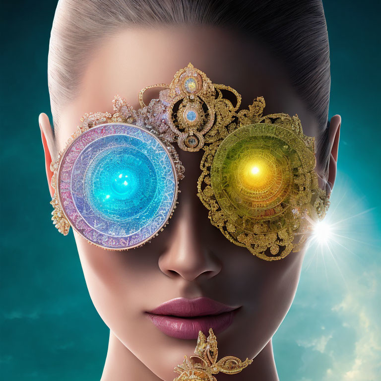 Woman wearing ornate mandala eye coverings emitting glowing lights - mystical and futuristic aesthetic