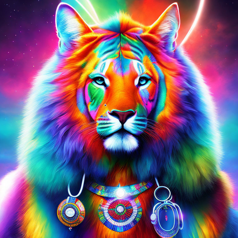 Multicolored lion with cosmic background and tribal necklaces