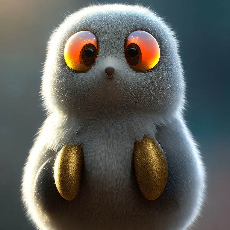 Fluffy creature with orange eyes and grey fur on golden feet