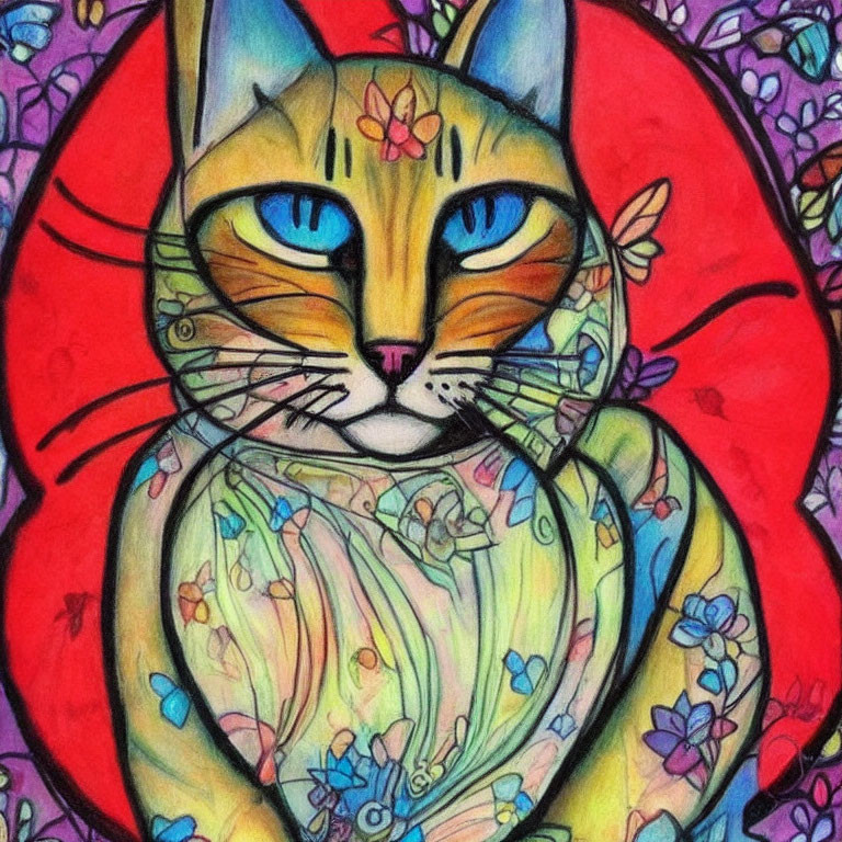 Vibrant Cat Illustration with Blue Eyes and Floral Patterns on Red Background