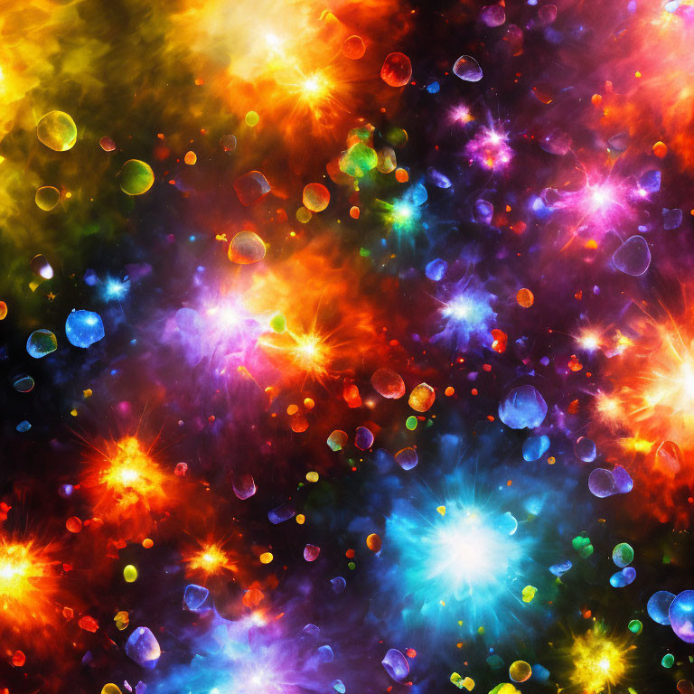 Colorful cosmic scene with nebulae, starbursts, and floating orbs in abstract space composition