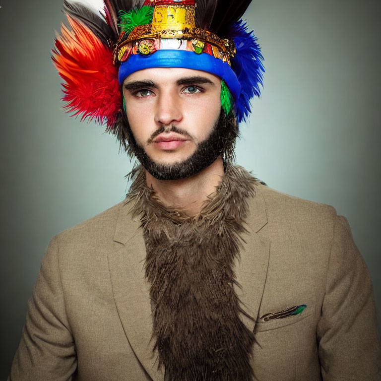 Bearded man in feather headdress and suit on grey background