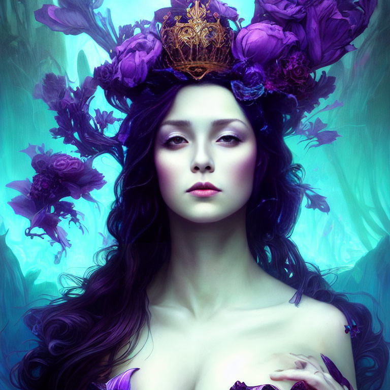 Purple-haired woman in floral crown against mystical blue backdrop