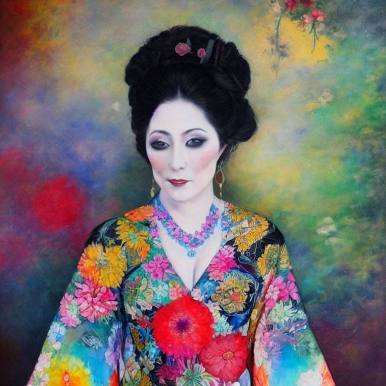 Traditional Asian Attire Woman Painting with Floral Pattern