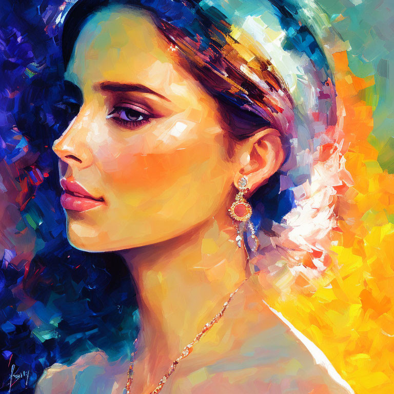 Colorful portrait of a woman with intense gaze and expressive brush strokes in blues, yellows, and