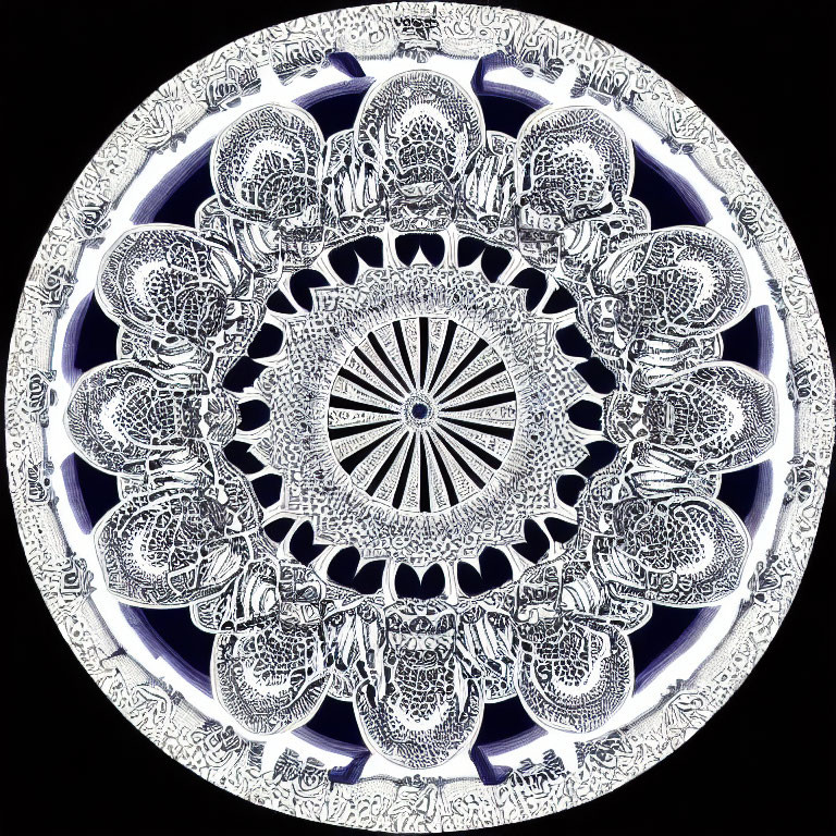 Detailed Black and White Mandala with Floral and Geometric Patterns