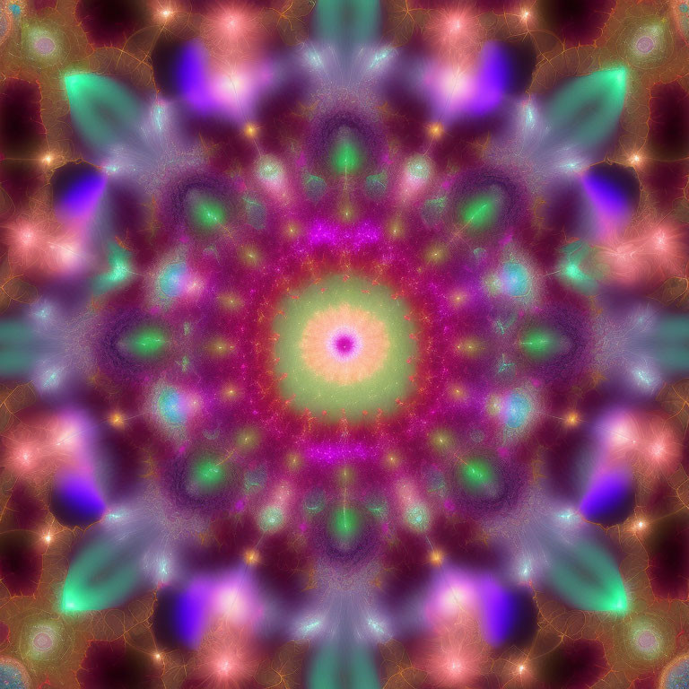 Symmetrical fractal pattern with pink and green eye, surrounded by kaleidoscopic shapes in purple