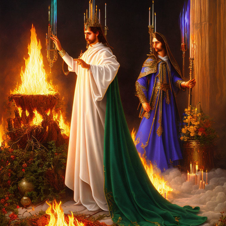 Regal figures in white and blue robes by a roaring fire with candles