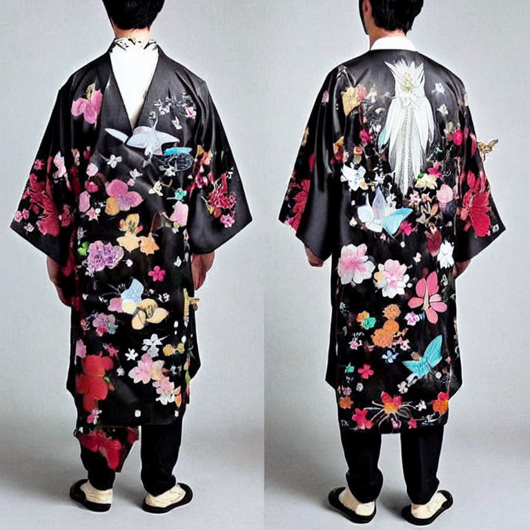 Traditional black kimono with colorful floral and bird patterns on person from front and back