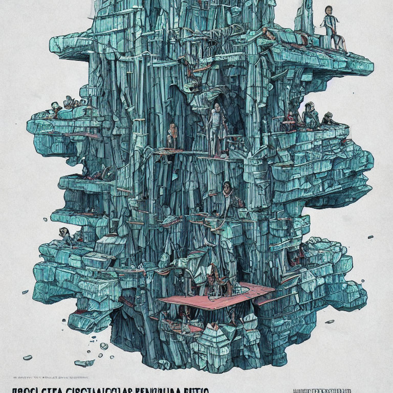 Detailed Vertical Cityscape Illustration with Blue Crystalline Structures and Occupied Levels