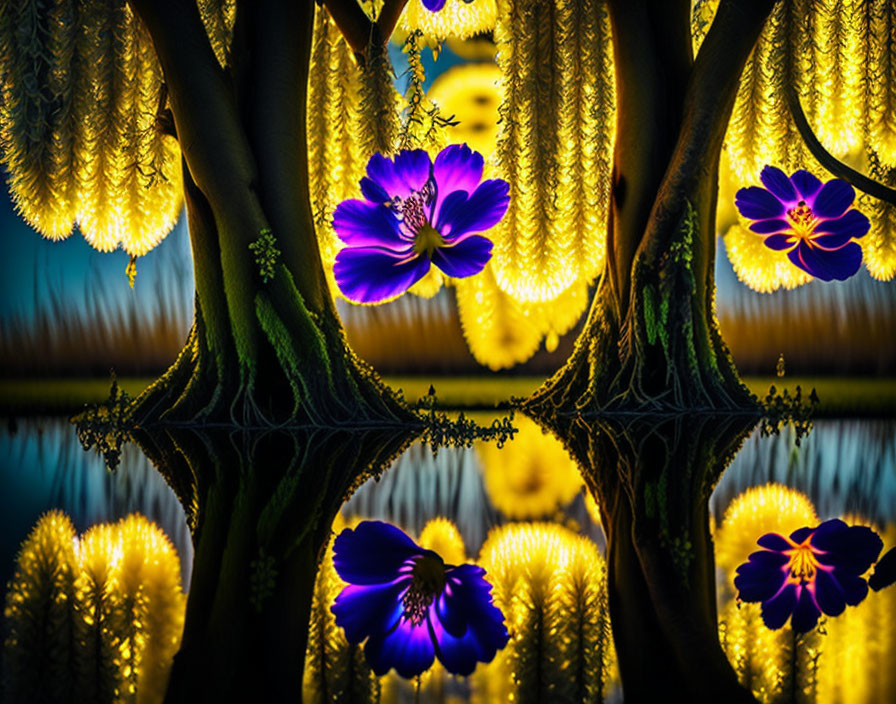 Purple Flowers Blooming by Illuminated Willow Trees