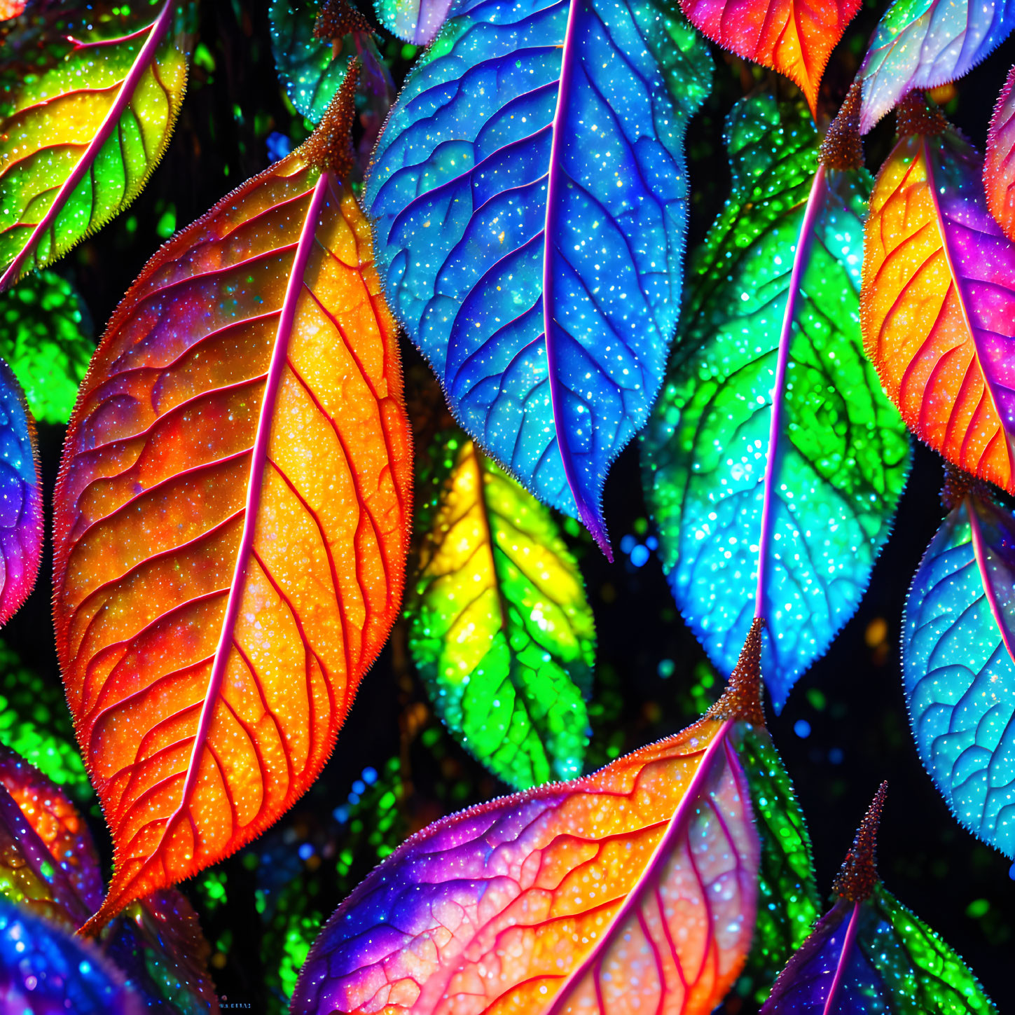 Multicolored Leaves with Dewdrops in Blue, Green, Orange, and Red