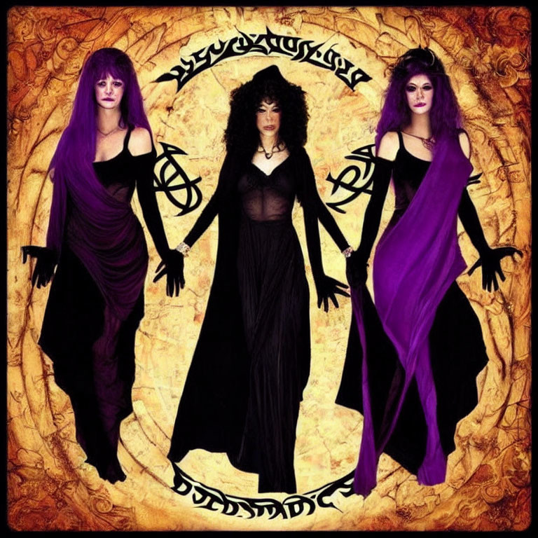 Three witches in purple attire against mystical backdrop