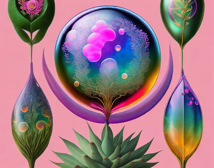 Iridescent Sphere and Vibrant Plant Elements on Pink Background