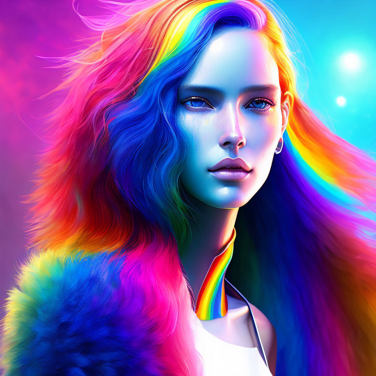 Colorful portrait of woman with multi-colored hair on rainbow background