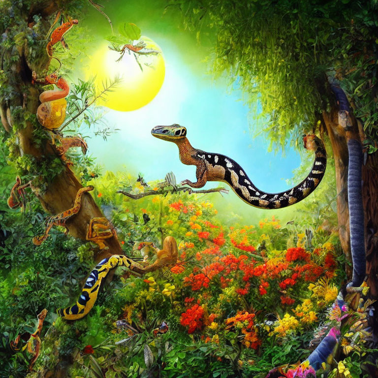 Colorful Jungle Scene with Snakes, Foliage, and Flowers