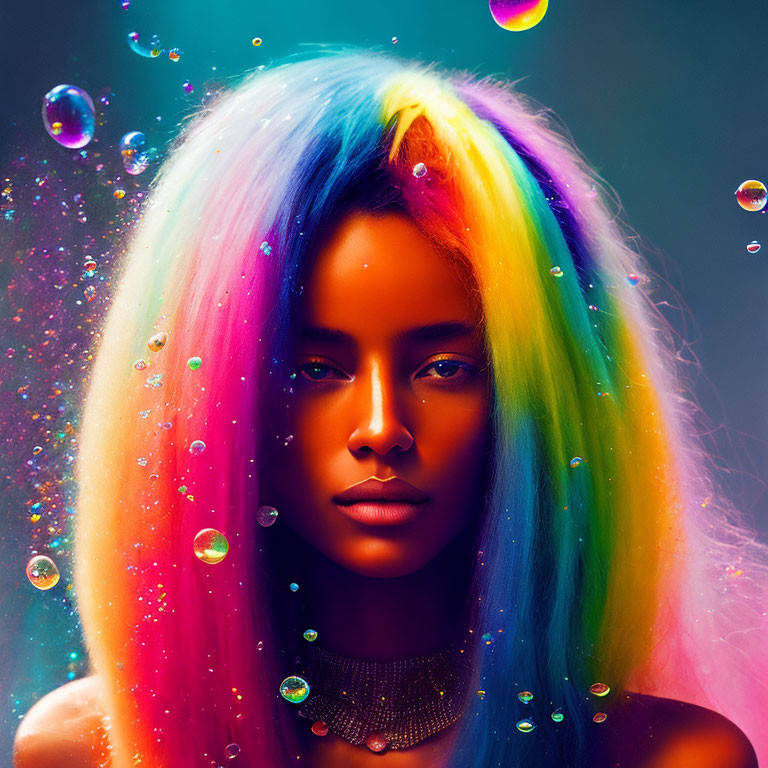 Rainbow-haired woman with choker necklace in iridescent bubble-filled scene