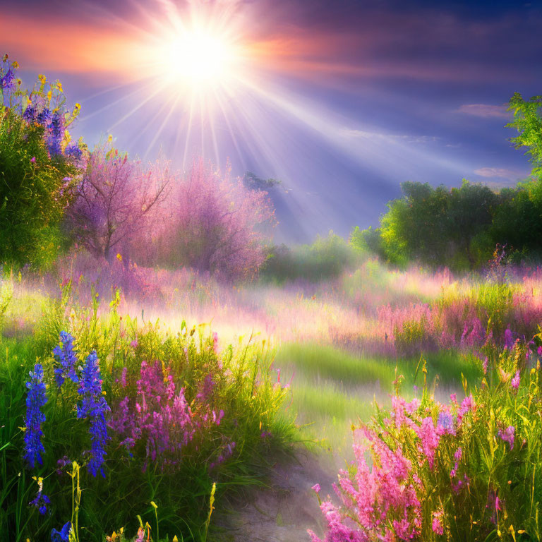 Misty Sunrise Over Vibrant Wildflowers and Green Foliage