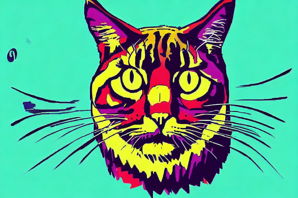 Colorful Psychedelic Cat Illustration in Neon Pink, Yellow, and Black