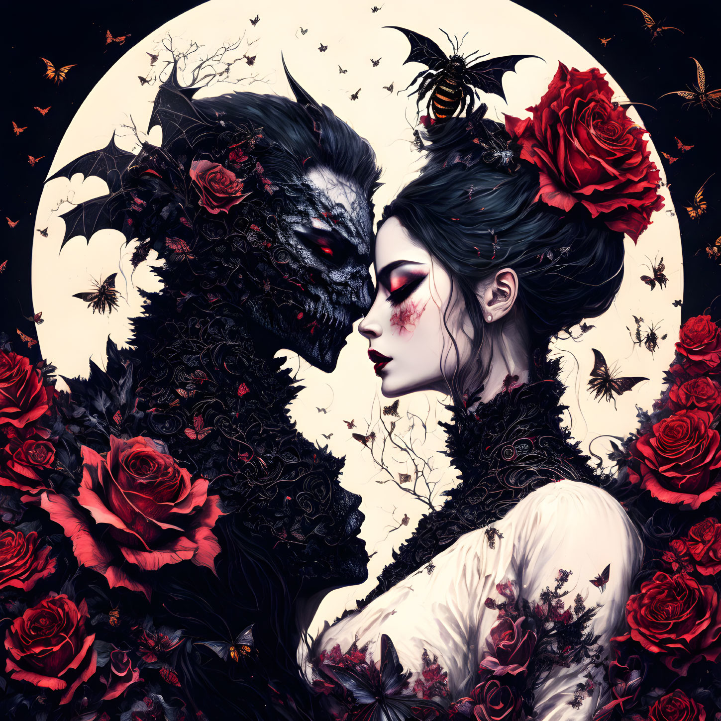 Gothic Artwork: Woman with Intricate Makeup and Wolf-like Creature among Roses and Bats