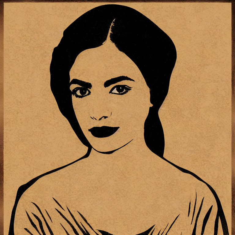 Portrait of Woman with Dark Hair and Prominent Eyes on Sepia Background