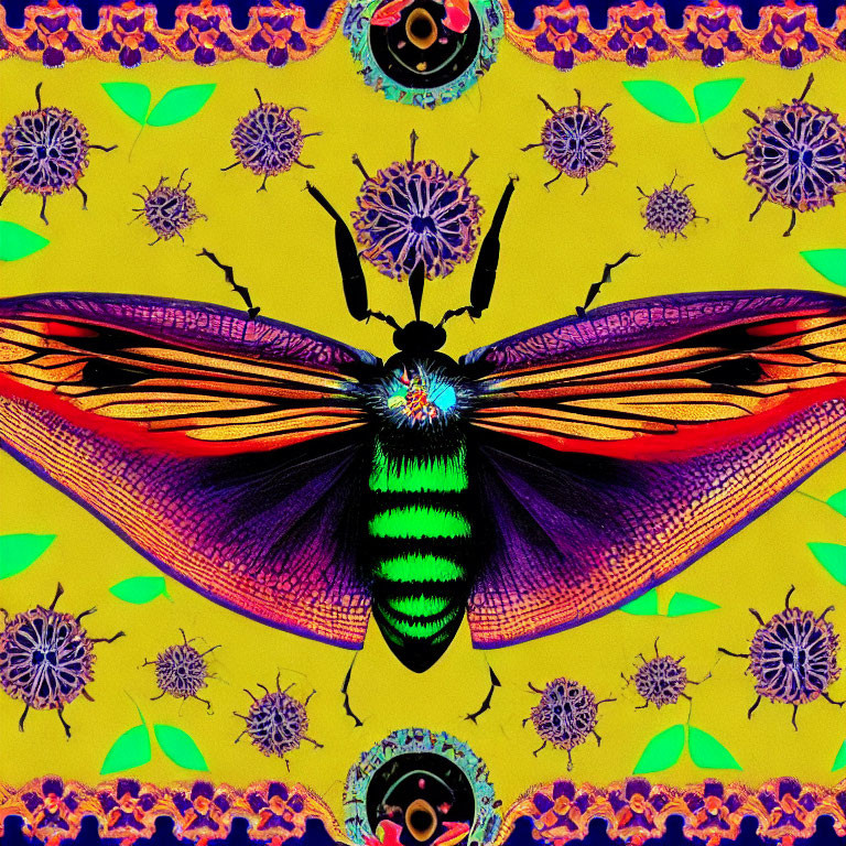 Colorful Stylized Insect Art on Yellow Patterned Background