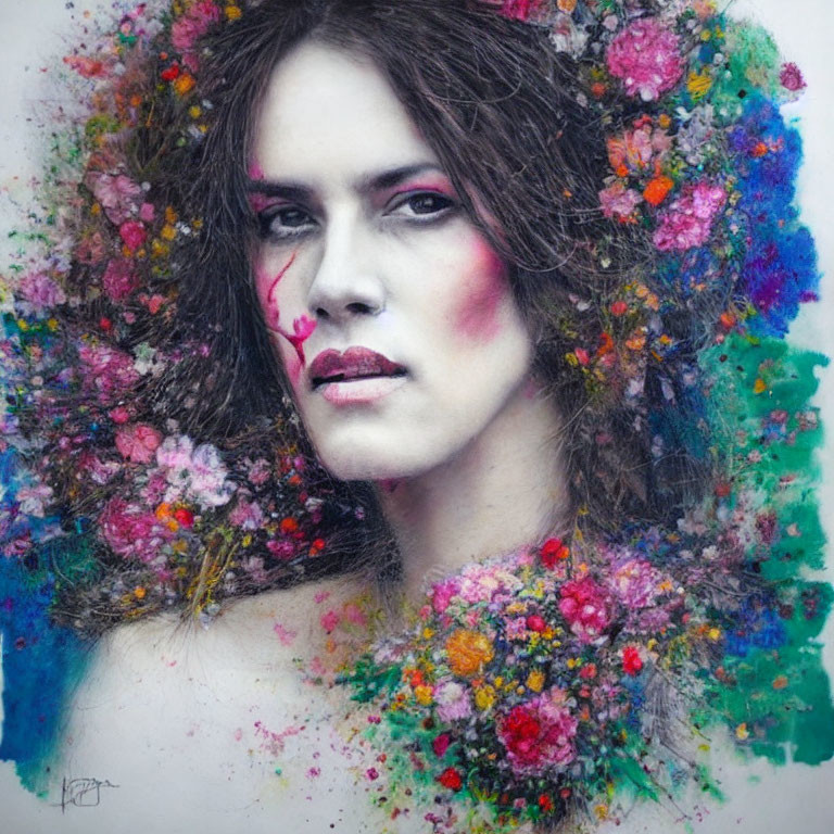 Intense gaze woman portrait with vibrant flower integration