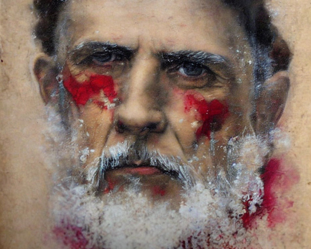 Bearded man portrait with red and white abstract paint smudges