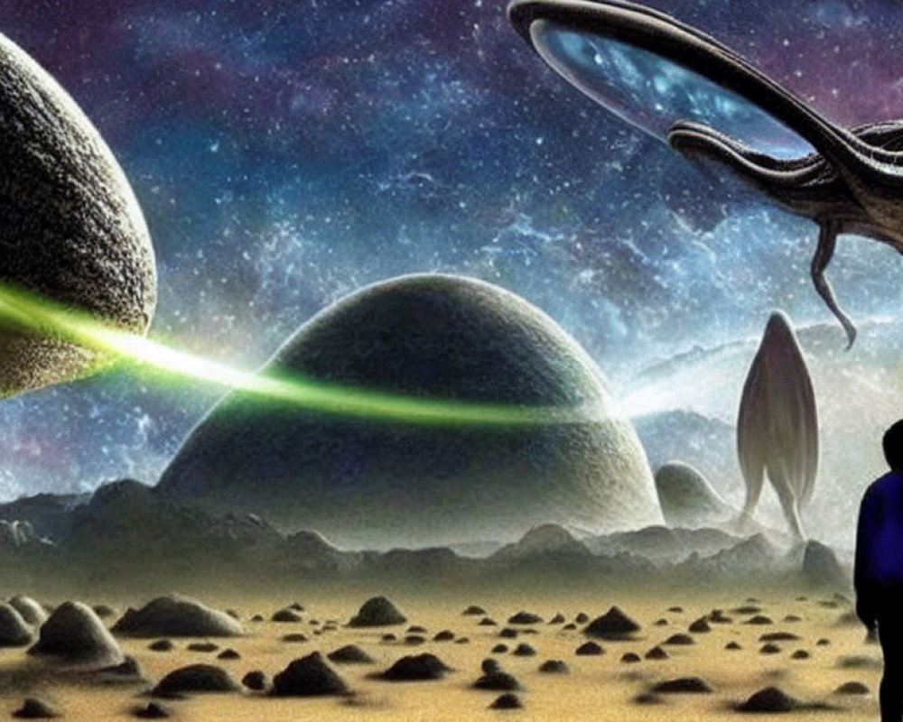 Person observing spaceship on alien terrain with bright light beam in star-filled cosmos