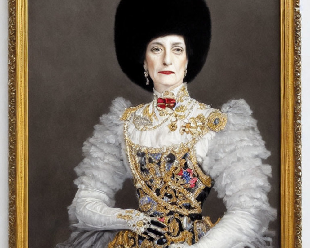 White Ruffled Dress with Golden Embroidery and Black Fur Hat Portrait