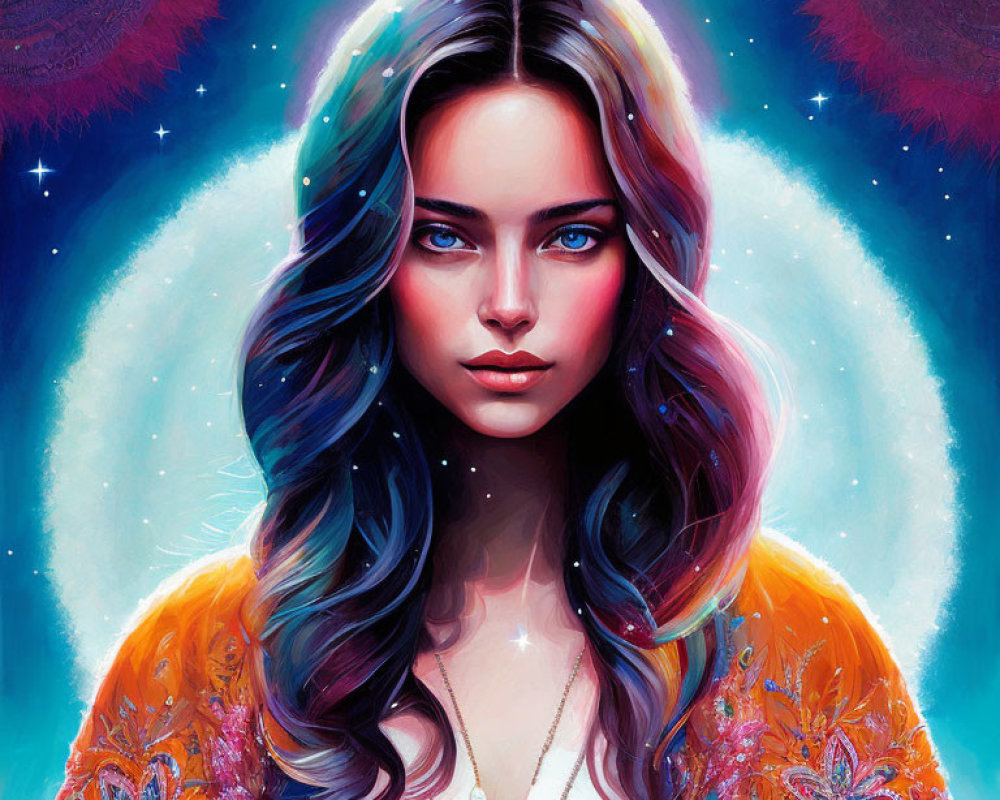 Colorful digital portrait of a woman with blue ombre hair and intense eyes in cosmic floral setting